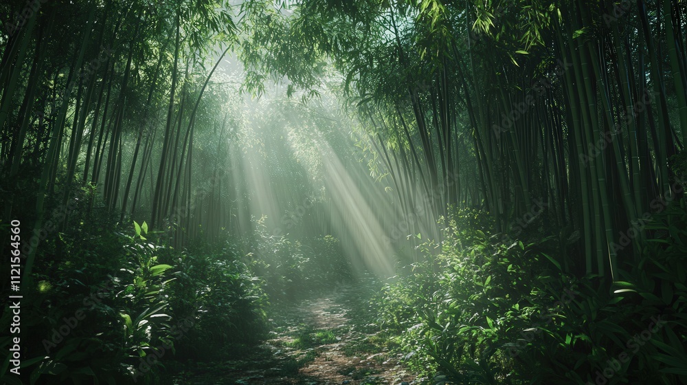a dense bamboo forest at twilight, with rays of fading light creating beautiful patterns through the bamboo. The forest feels both vast and intimate, with a dense bamboo forest at twilight, with rays of fading light creating beautiful patterns through the bamboo. The forest feels both vast and intimate, with