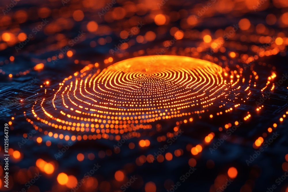 A glowing fingerprint is shown in a black and orange background A glowing fingerprint is shown in a black and orange background