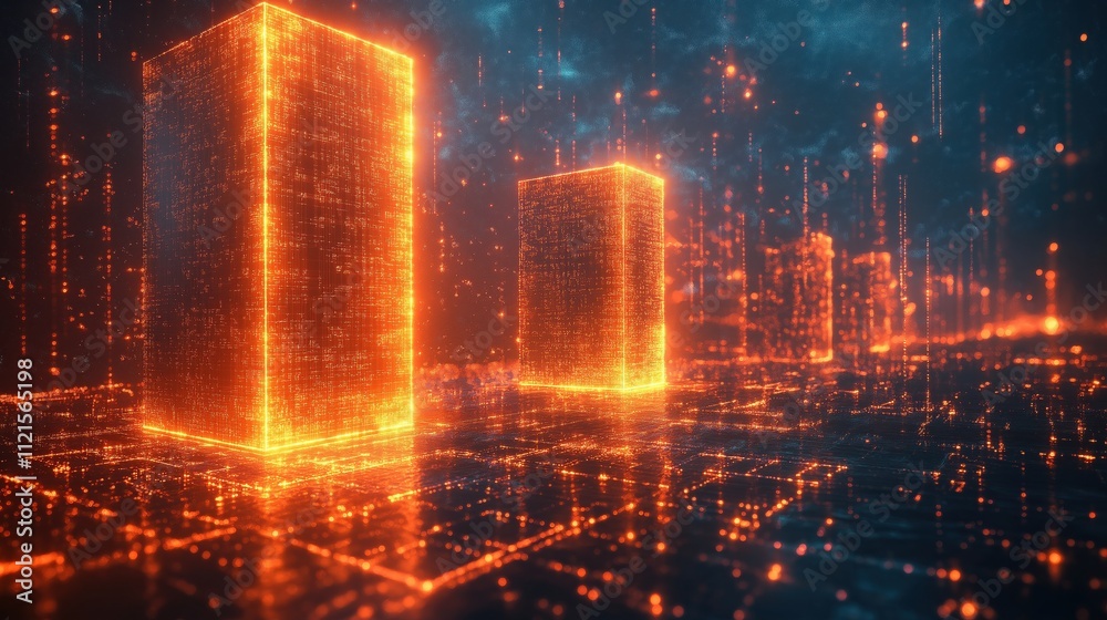 Fototapeta premium A cityscape with three orange cubes and a blue sky