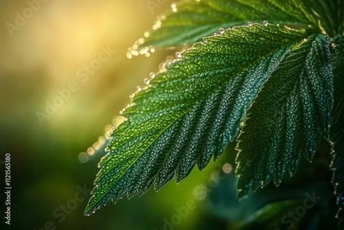 Close-Up of Dew-Kissed Green Leaf in Morning Light - Nature Photography for Relaxation, Wellness, and Eco-Friendly Themes photo