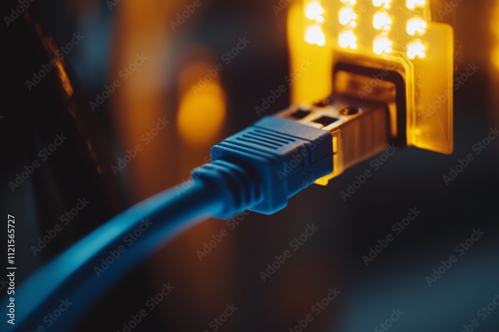 Close-up of Ethernet cable connecting to network port with glowing lights, symbolizing internet connectivity and data transfer technology.