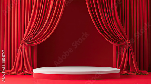 Red curtain stage background with a white podium for product presentation