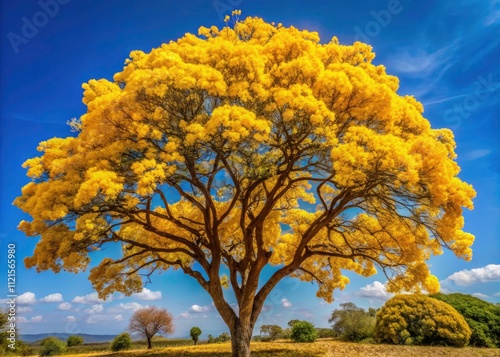 Panoramic Yellow Guayacan Tree Bloom, Stunning Spring Landscape, Vibrant Golden Flowers, Tropical Forest, Nature Photography