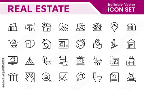 Real Estate Icon Set. A comprehensive collection of stylish and professional icons designed for the real estate industry, perfect for enhancing property listings, websites, and marketing materials.