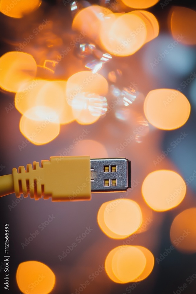 Close-Up of Yellow USB Cable Against Blurred Orange Bokeh Background - Technology and Connectivity Concept for Digital Media Use Close-Up of Yellow USB Cable Against Blurred Orange Bokeh Background - Technology and Connectivity Concept for Digital Media Use