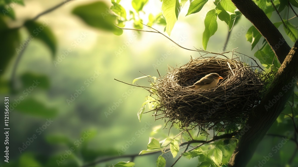 a birdas nest sitting atop a high tree branch. The nest is constructed from twigs and soft feathers, offering a cozy refuge for the birds a birdas nest sitting atop a high tree branch. The nest is constructed from twigs and soft feathers, offering a cozy refuge for the birds