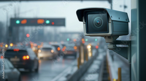 A surveillance camera positioned at a highway toll booth for traffic monitoring.
