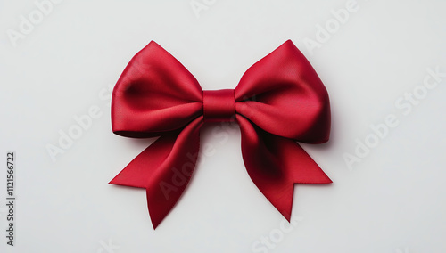 Elegant Red Ribbon Bow on White Background, Top View: High-Quality, Detailed, High-Resolution Studio Photography with Sharp Focus