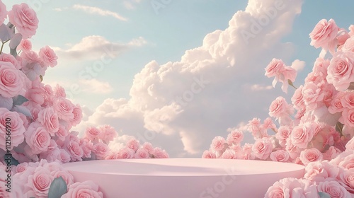 A dreamy pastel circular pink podium by blooming pink roses, a soft sky with fluffy clouds. a romantic surreal showcasing product. floral display, flowers around a stage, Valentine’s Day background