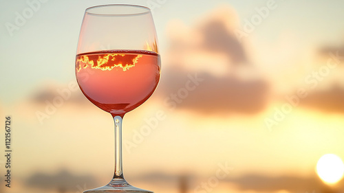 A glass of rosé wine that reflects the gentle pastel colors of the sky