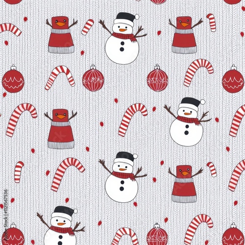 A festive pattern featuring cheerful snowmen, candy canes, and ornaments, perfect for holiday-themed designs and decorations.