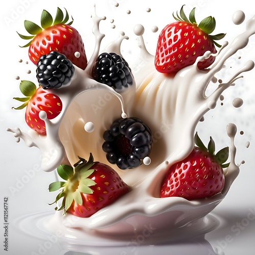 Fresh strawberries and blackberries in milk splash. photo