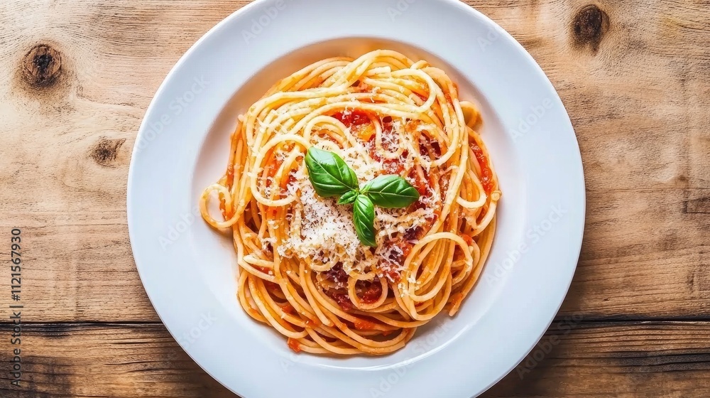 A plate of delicious spaghetti with a rich tomato sauce, sprinkled with fresh basil and parmesan cheese, placed on a rustic wooden table A plate of delicious spaghetti with a rich tomato sauce, sprinkled with fresh basil and parmesan cheese, placed on a rustic wooden table