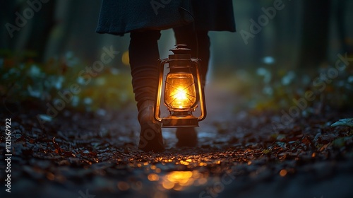 Woman walking in dark forest with lantern.