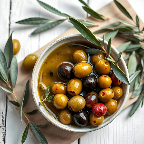 Marinated olives and olive oil with olive leaves in a bowls and cutting board