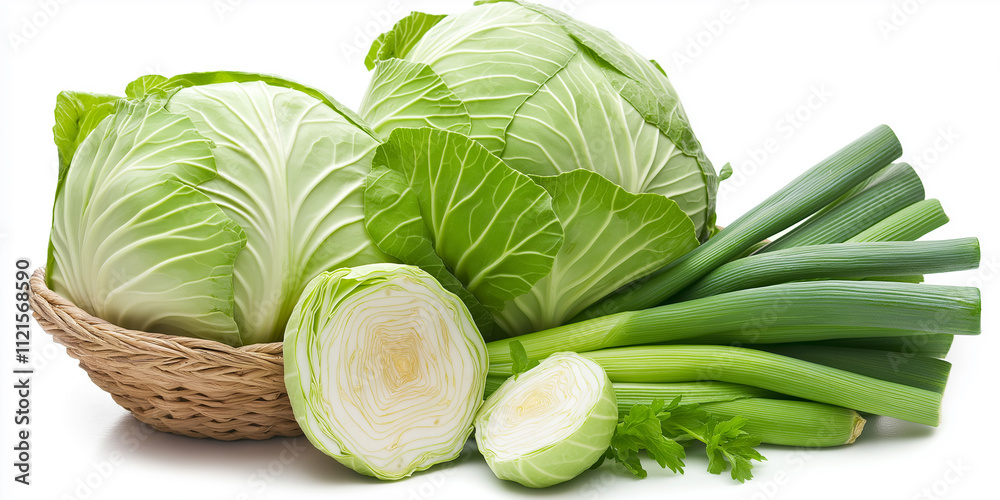 Vegetable basket with cabbages and leeks, isolated on white background Vegetable basket with cabbages and leeks, isolated on white background