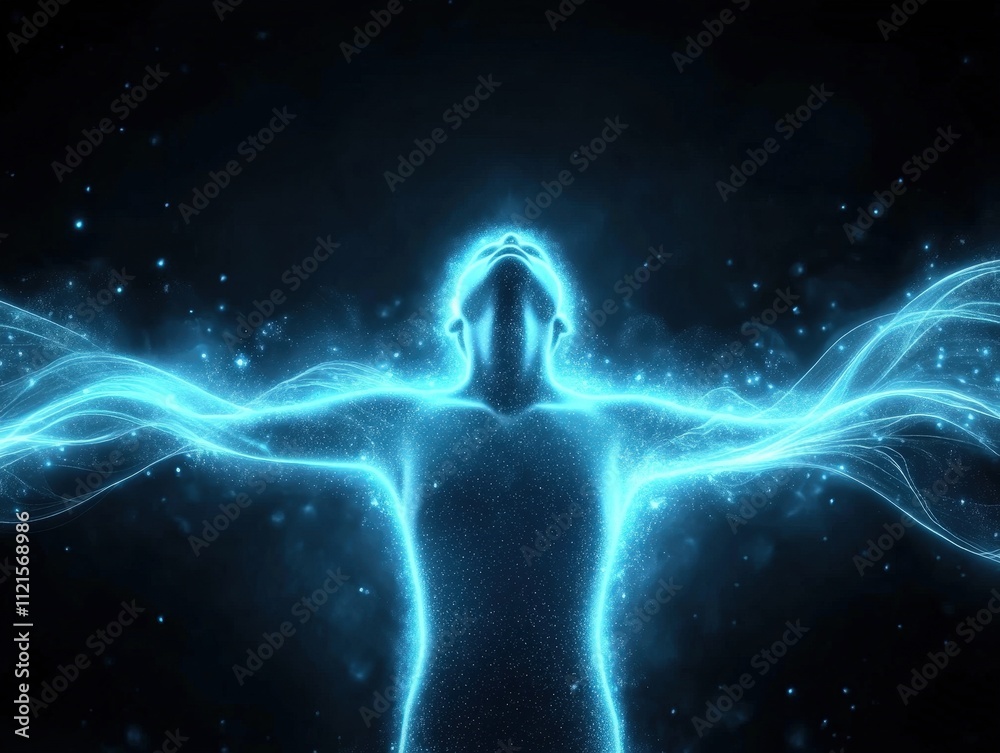 A luminous figure radiates energy with outstretched arms, surrounded by sparkling particles, conveying a sense of freedom and transformation.