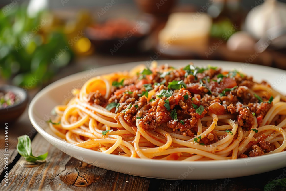 Spaghetti Bolognese on white plate on wooden table,. Spaghetti Bolognese on white plate on wooden table,.