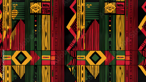 Bold Kente pattern with geometric shapes for Black History Month.
