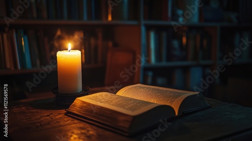 Lit candle, open book, wooden table, bookcases.