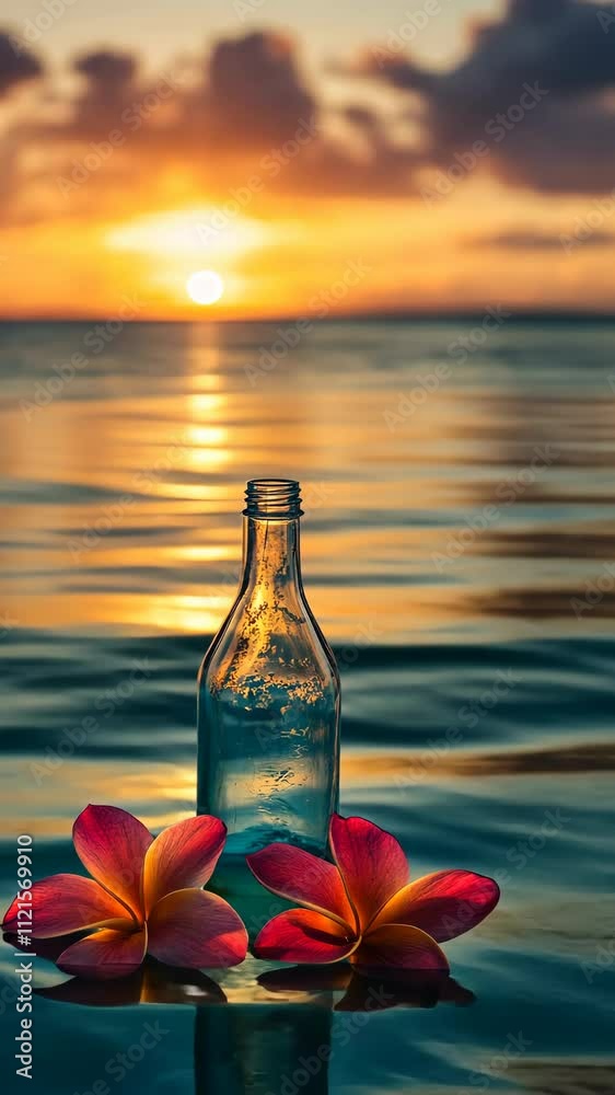 Sunset view with a glass bottle and vibrant flowers on calm ocean water Sunset view with a glass bottle and vibrant flowers on calm ocean water