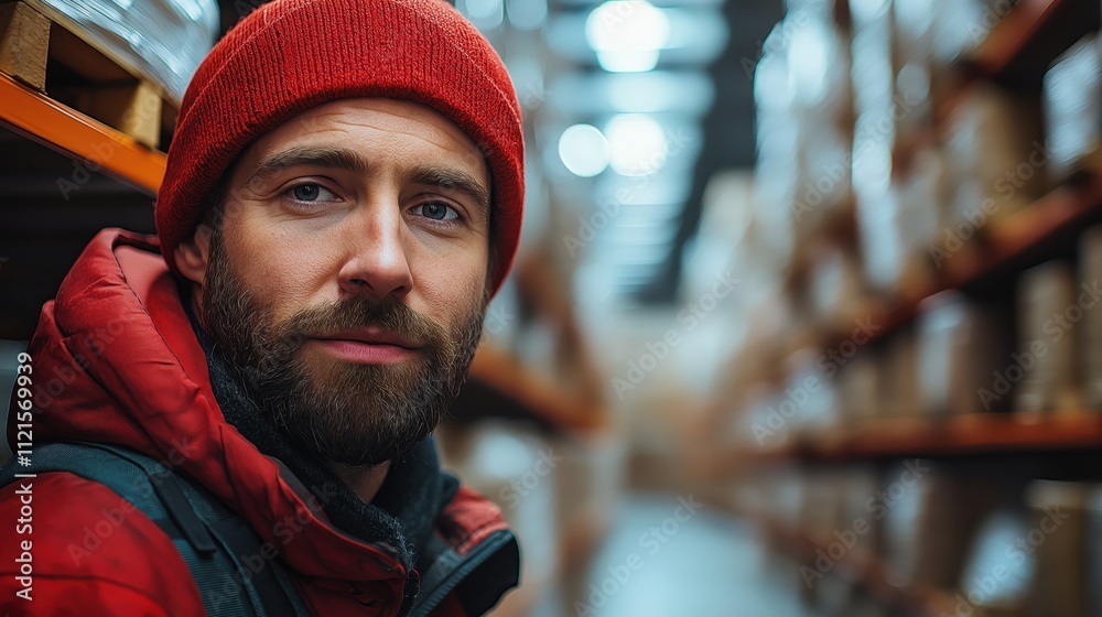 A man wearing a red hat and a red jacket is standing in a warehouse A man wearing a red hat and a red jacket is standing in a warehouse