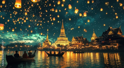 Night scene of floating lanterns over illuminated temple and river with boats. photo