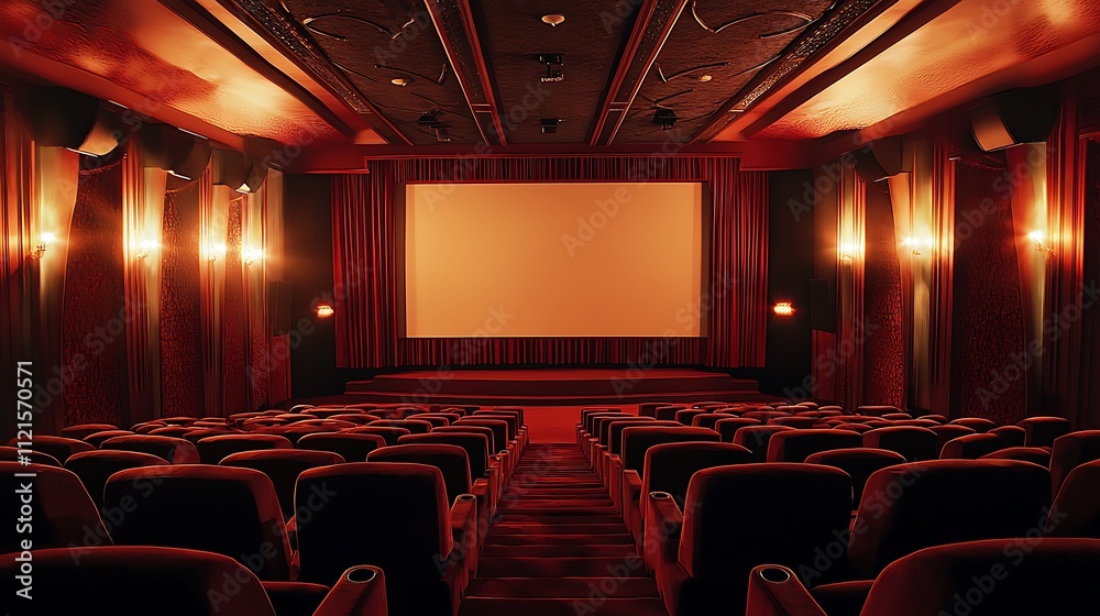 A movie theater with a red curtain and a large screen A movie theater with a red curtain and a large screen