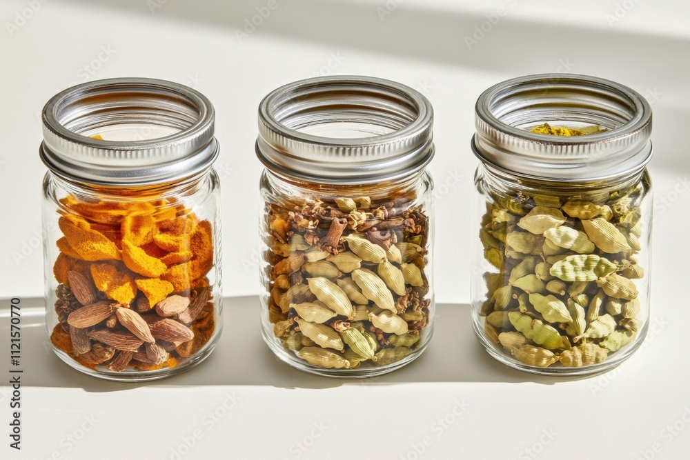 Vibrant Spices in Glass Jars on White Background Vibrant Spices in Glass Jars on White Background