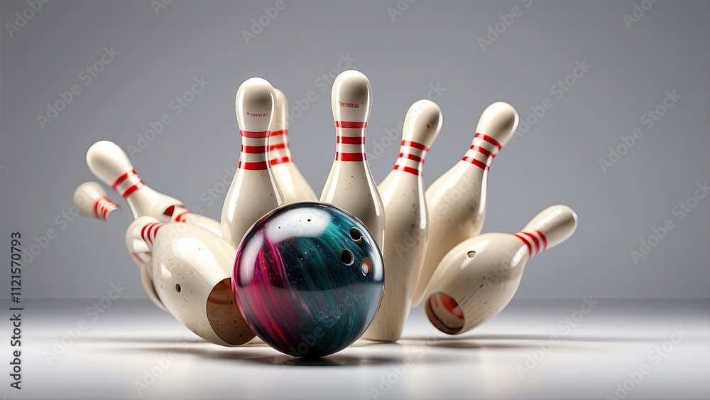 A dynamic scene of a bowling ball hitting bowling pins, captured at the moment of impact. The bowling ball is mid-roll, with a slight blur to show motion, and the pins are just starting to topple in A dynamic scene of a bowling ball hitting bowling pins, captured at the moment of impact. The bowling ball is mid-roll, with a slight blur to show motion, and the pins are just starting to topple in