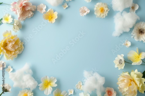 A blue background with a flowery border and a cloud in the middle. The flowers are yellow and pink