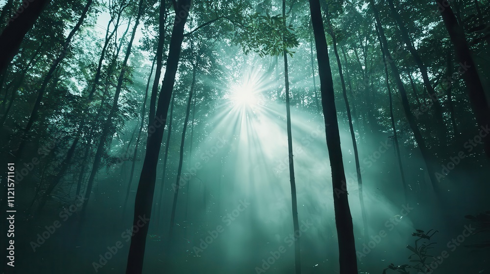 Naklejka premium A dense forest emitting mist and oxygen as sunlight filters through tall trees