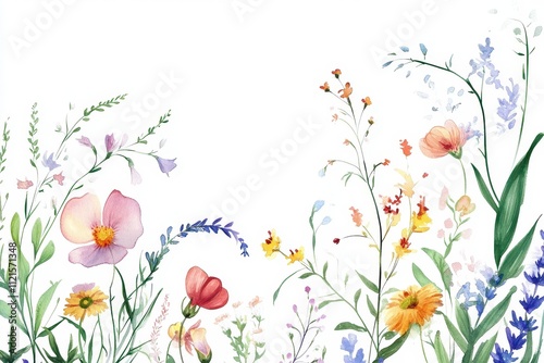 Watercolor Painting of Delicate Wildflowers on a White Background
