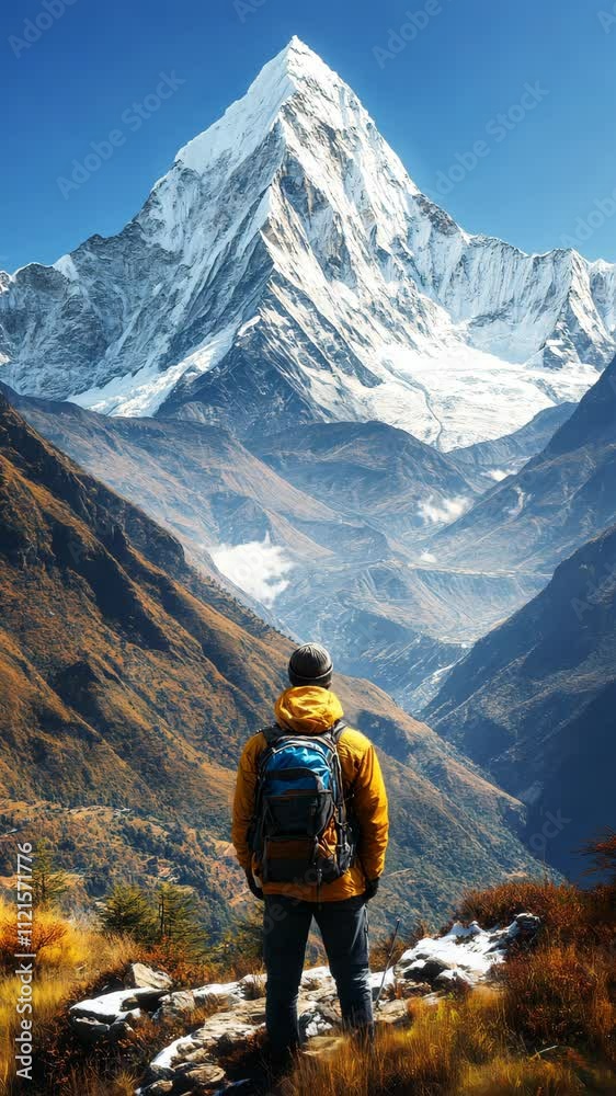 Explore majestic snow-capped mountain peaks against a clear blue sky during daytime hike in stunning alpine landscape Explore majestic snow-capped mountain peaks against a clear blue sky during daytime hike in stunning alpine landscape