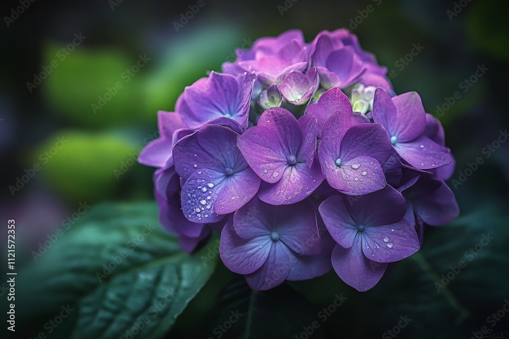 Stunning Close-Up of Purple Hydrangea Blossoms with Dew Drops Against a Soft Green Background - Perfect for Nature and Floral Themes