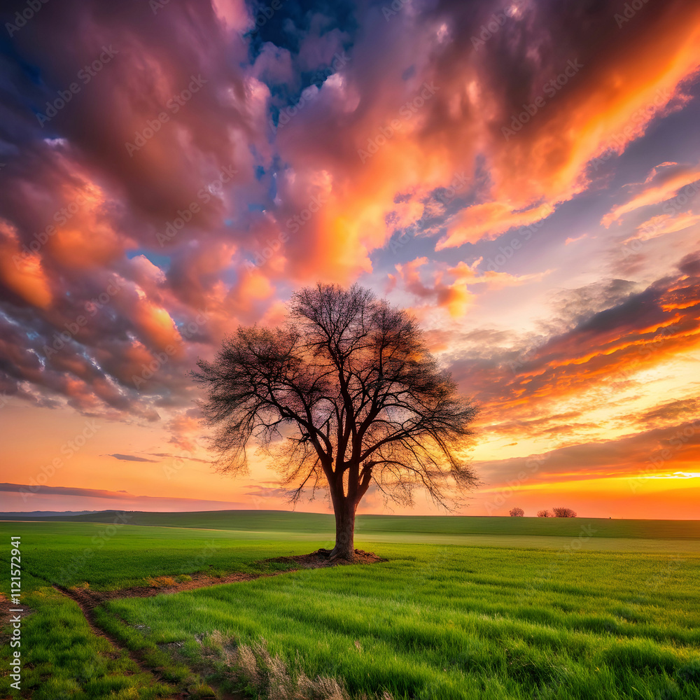 field covered in greenery with a bare tree under a shadow field covered in greenery with a bare tree under a shadow