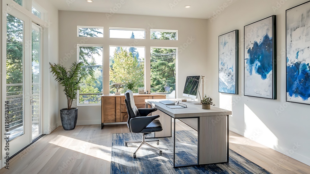 Fototapeta premium A modern office with a large window and a blue painting on the wall