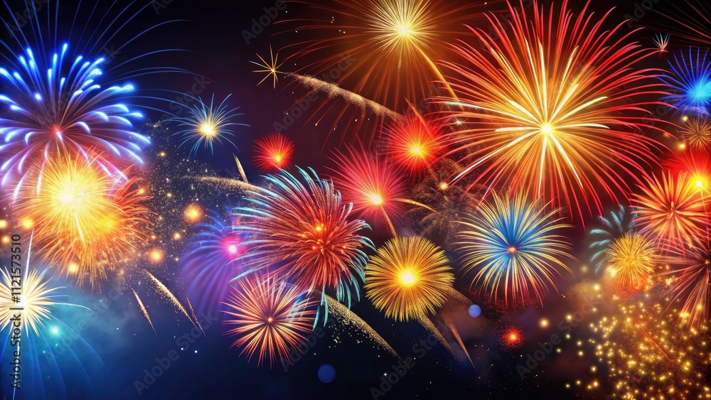 Fototapeta premium Stunning Abstract Fireworks Display on Dark Sky Background - Colorful Explosions, Night Celebration, Vibrant Patterns, Holiday Festivities, Beautiful Light Effects, Fireworks Art