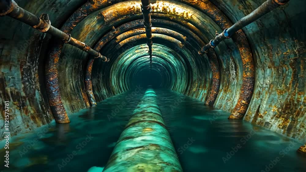 Underground tunnel with rusty pipes and water reflecting dim light creates an eerie atmosphere