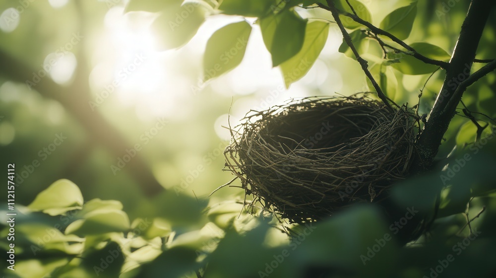 a bird's nest in the crook of a tree branch, with the sun shining through the leaves, casting dappled light on the intricate nest.