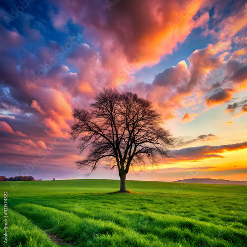 field covered in greenery with a bare tree under a shadow