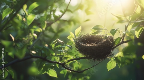 a birdas nest sitting on a branch, with the treeas green leaves swaying in the breeze. photo