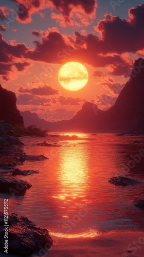 Stunning Sunset Over a Serene River with Majestic Mountains