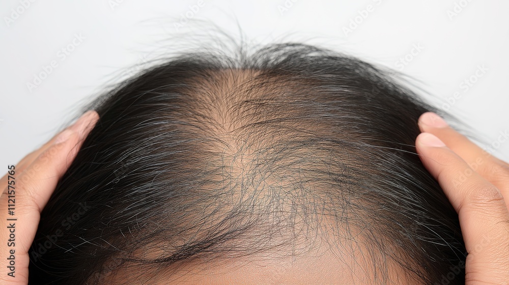 Person examining thinning hair in mirror, reflecting on aging and self-care. Embracing natural changes and prioritizing health and well-being. Person examining thinning hair in mirror, reflecting on aging and self-care. Embracing natural changes and prioritizing health and well-being.