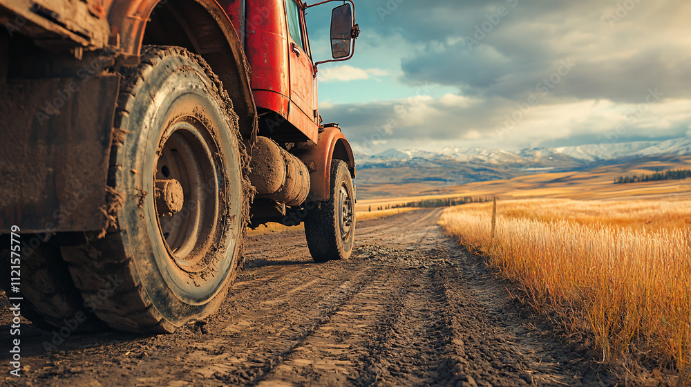 Obraz premium A truck with a broken axle blocking a rural dirt road.