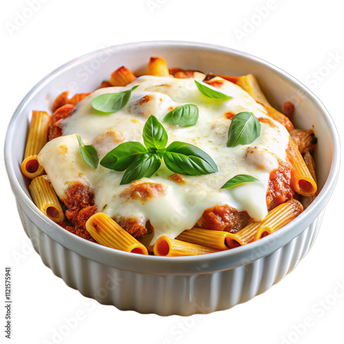 Baked Ziti Pasta with Melted Mozzarella and Fresh Basil isolated on transparent background photo