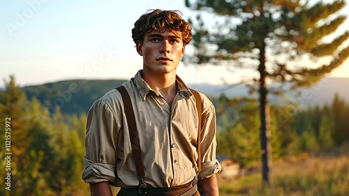 Young Appalachian Man in 1800s Pioneer Attire in Forest Clearing