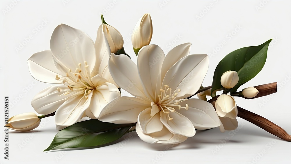 A delicate and elegant vanilla flower, isolated on a transparent background in PNG format. The flower features creamy white petals with subtle yellow tones at the center, radiating a sense of purity a A delicate and elegant vanilla flower, isolated on a transparent background in PNG format. The flower features creamy white petals with subtle yellow tones at the center, radiating a sense of purity a