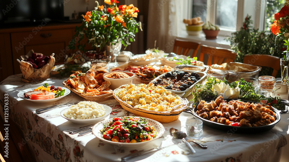 Numerous delicious snacks are surrounding on the table, Warm festive table setting with variety of dishes and foods,  A vibrant table bursting with various dishes of various foods.