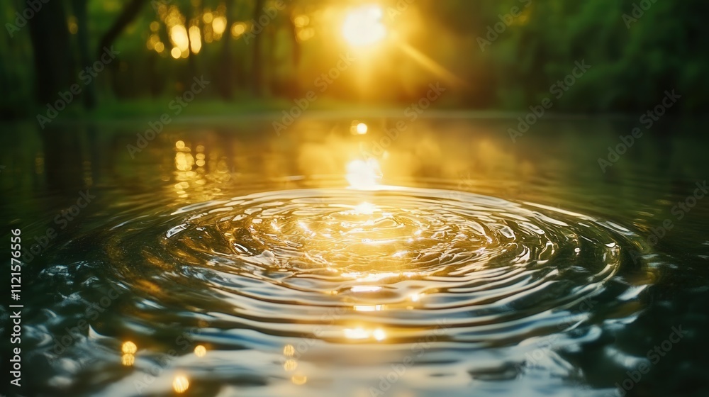 water rippling up from a calm pond, sunlight filtering through and casting golden reflections across the surface, creating a serene glow water rippling up from a calm pond, sunlight filtering through and casting golden reflections across the surface, creating a serene glow